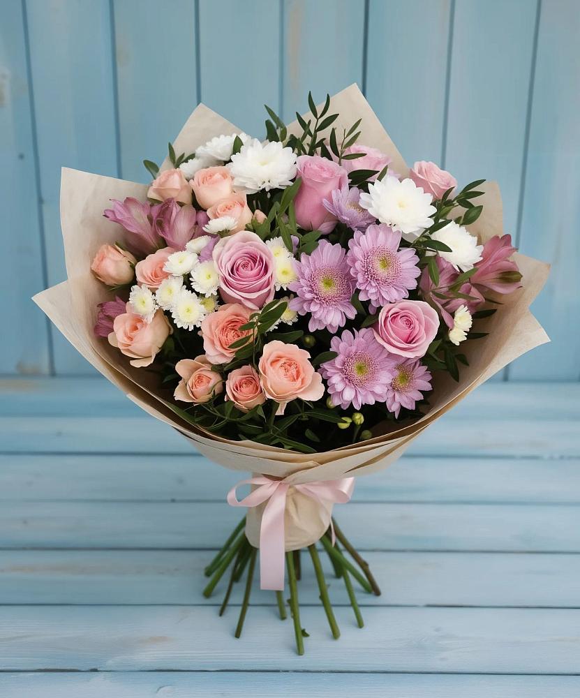 Букет цветов из: Хризантемы, Розы и Альстромерии в Тереке